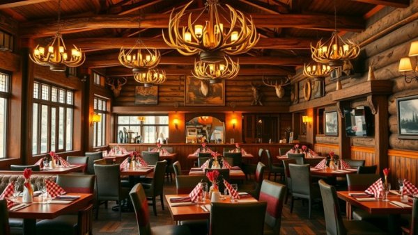 Best resort restaurant Mackinac Island with rustic antler decor.