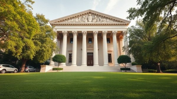 MIT building with classical columns and green lawn
