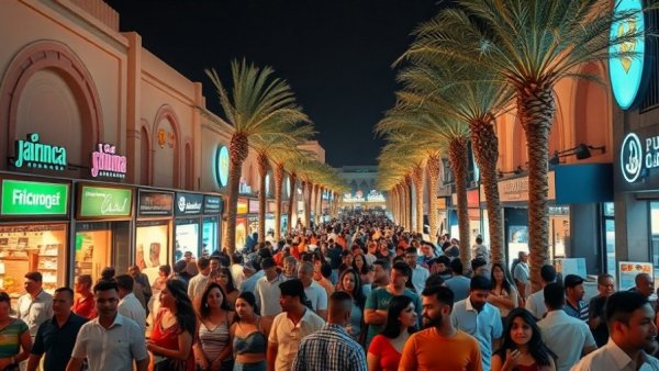 Bustling night shopping scene in UAE supporting small businesses.