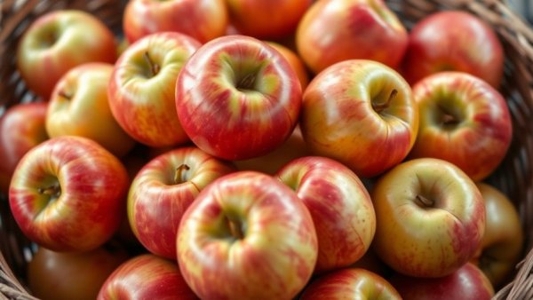 Close-up of ripe apples in a basket for Michigan fruit industry research.