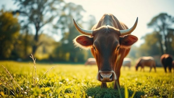 Brown cow grazing in sunny Michigan field.