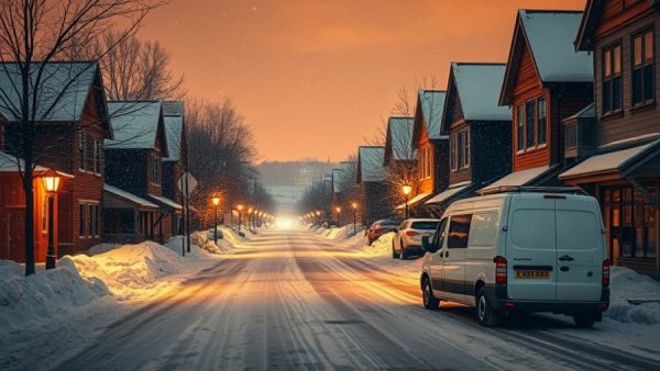 Snow-covered street at night highlighting snow removal possibilities in Muskegon.