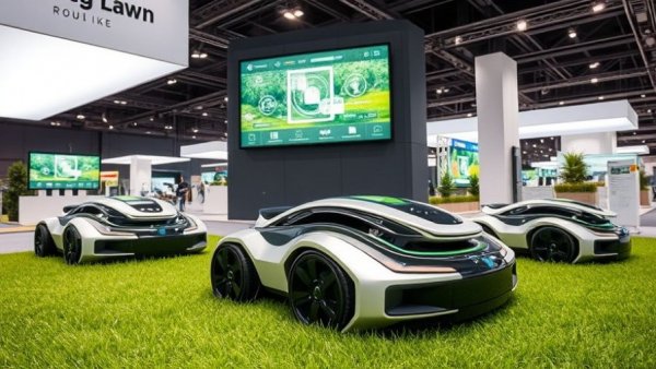 Innovative display of wire-free robotic lawn mowers at exhibition.