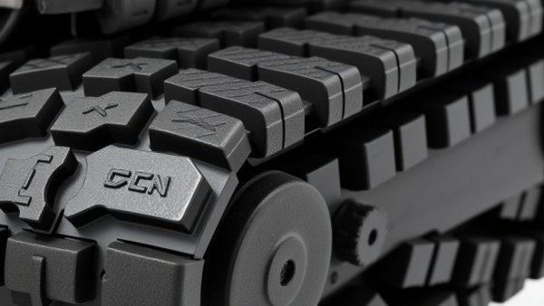 TrackBoss E5 rubber track close-up with detailed tread pattern.