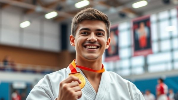 Karate One Youth League participant with gold medal in sports arena.