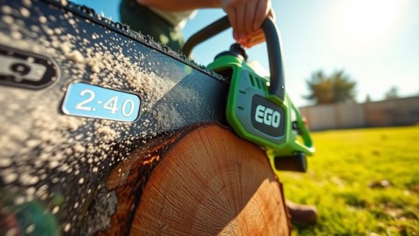 Close-up of EGO 56V 18-inch chainsaw cutting log outdoors.