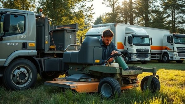 Lawn care worker refueling mower amid rising fuel costs.