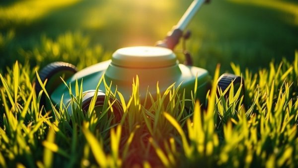 Close-up of lawnmower on green grass, represents rising gas prices and lawn care services in Muskegon.