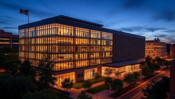 Michigan State University Secchia Center building during evening.