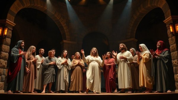 Modern Easter musical drama scene with actors in biblical costumes.