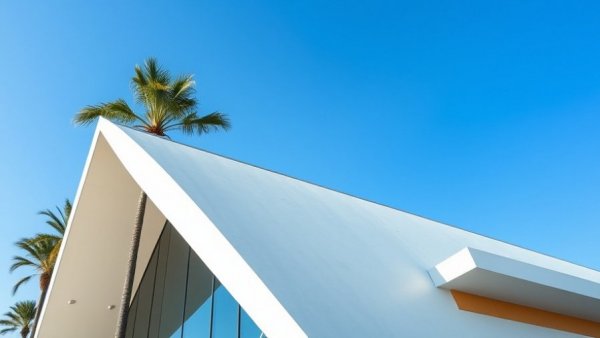 Modern architecture and palm trees under blue sky, Palm Springs.