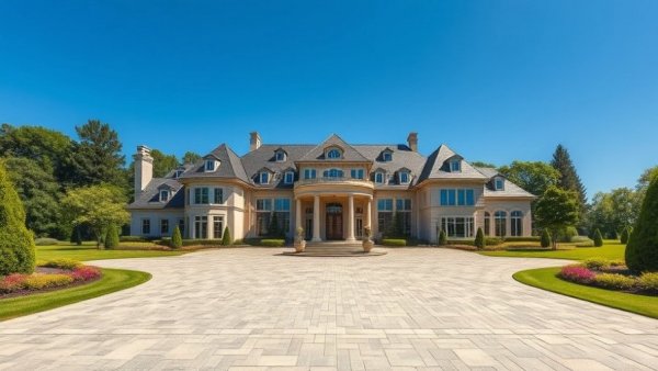 Luxury summer house mansion for sale with lush garden and driveway.