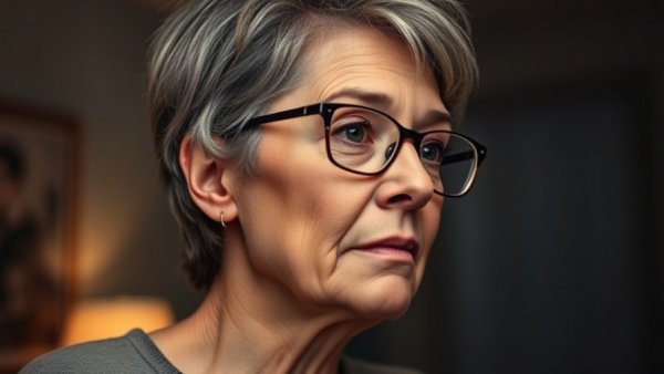 Thoughtful woman wearing glasses, dim interior setting.