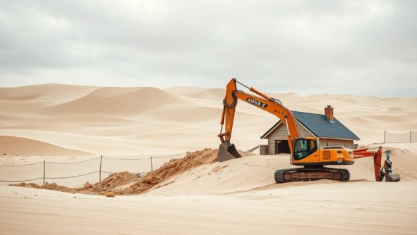 Excavator and house affected by Lake Michigan shifting dunes history.