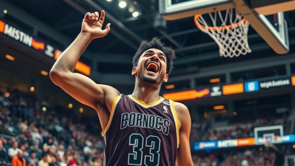 Victorious Michigan basketball player cutting net after championship win.
