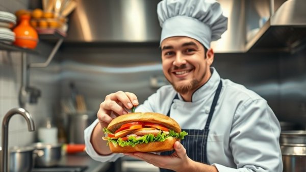 Friendly chef serving a club sandwich in a hidden gem restaurant kitchen.
