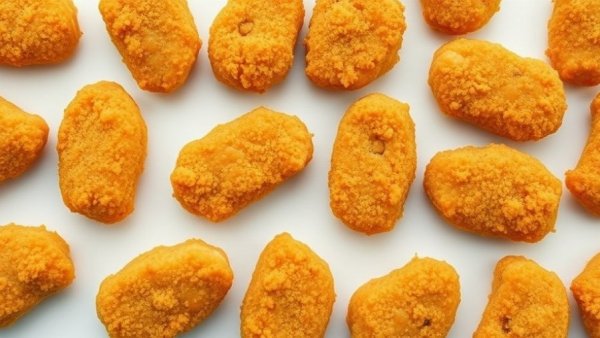 Chicken nuggets on white surface; chicken nuggets containing lead warning.