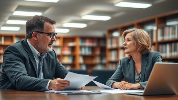 Professionals discussing superintendent services at a library meeting.