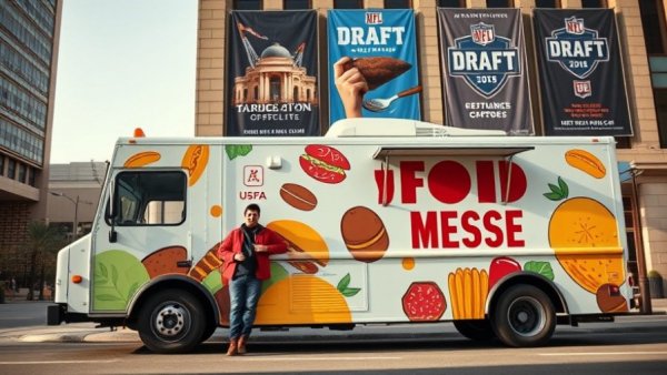 Metro Food Rescue truck in Detroit with NFL Draft sign; Michigan food banks rising demand.