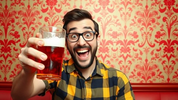 Y2K contractor humor with man offering beer cheerfully.