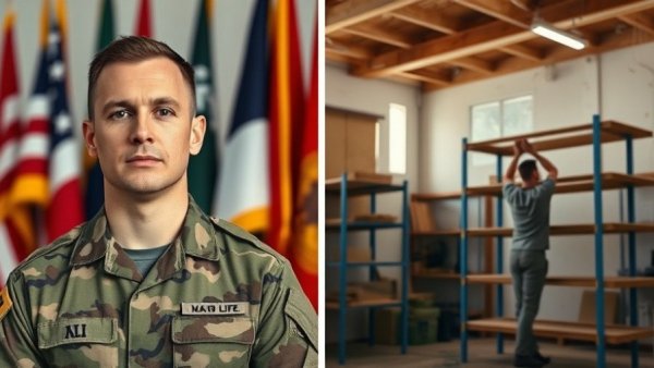 Military officer in uniform, working on construction project indoors.