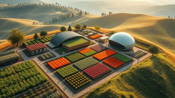 Future of sustainable farming Michigan scene with diverse crops.