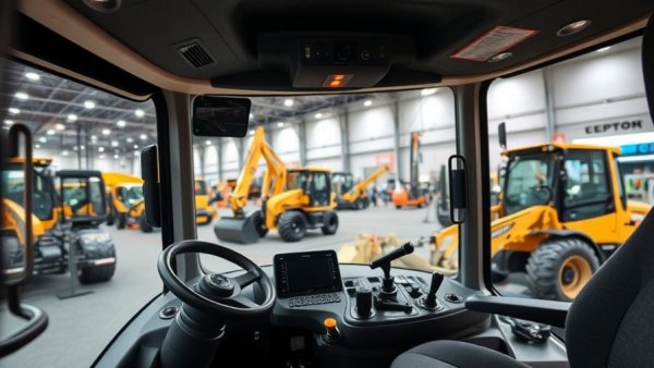 Modern vehicle control cabin at expo, highlighting equipment features.