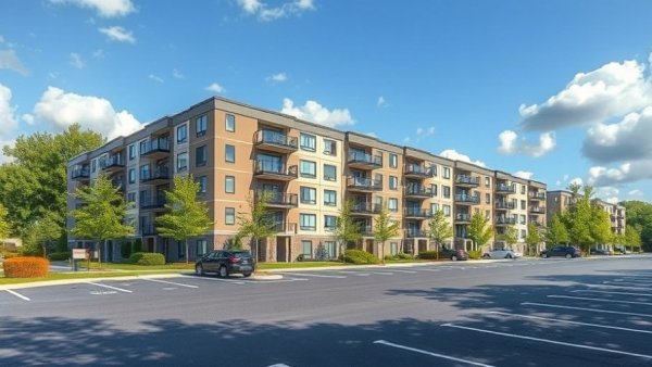 Modern apartment complex with parking lot, rental property oversight services.