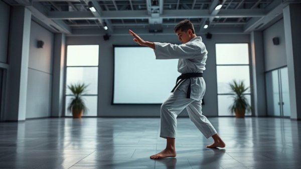 Young martial artist performing kata in studio, North Idaho karate achievements.