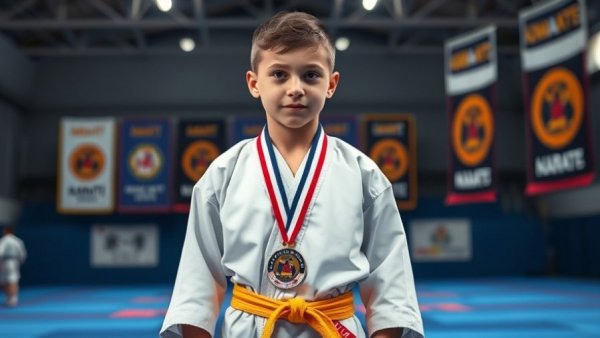 Martial artist at karate championship with medals and mentor.