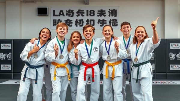 Young martial artists celebrating with medals highlighting the benefits of martial arts tournaments.