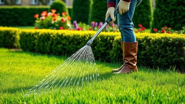 Person watering a lawn as part of a fertilization schedule in a garden.