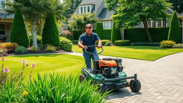 Lawn care worker uses machinery amid rising gas prices.