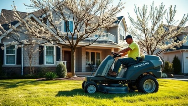 Lawn care worker mows grassy lawn in suburban yard, highlighting rising gas prices impact on lawn care services.