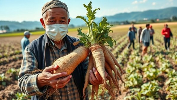 Elderly farmer displaying ginseng roots in rural field.