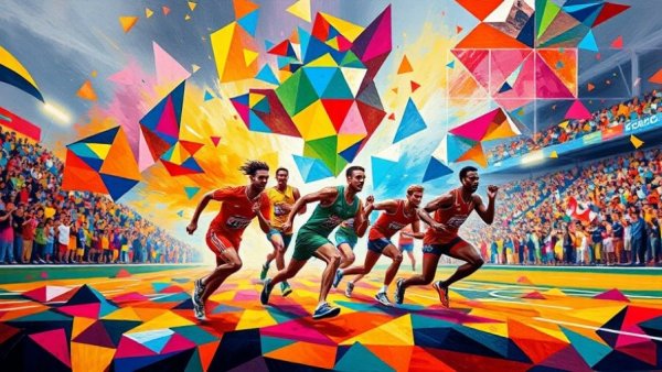 Abstract stadium painting with vibrant colors and geometric design