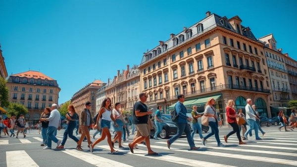 Group crossing street during Bridge Street Walking Tour in a small town.