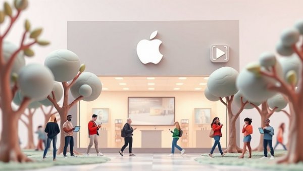 Clay-style Apple store scene with tech icons and people, celebrating Apple's 50th Anniversary AI Business Strategies.