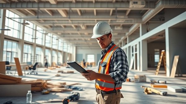 Construction worker renovating office for minority entrepreneurs support hub.