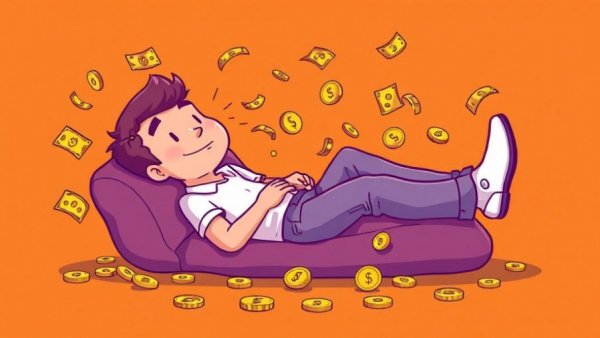 Cartoon illustration of passive income concept with money flowing