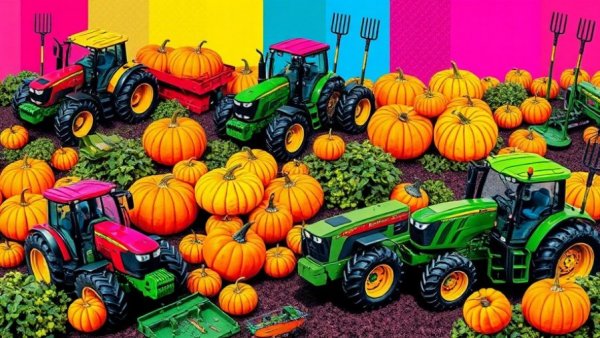Pop-art farm equipment collage, illustrating the future of farming in Michigan.