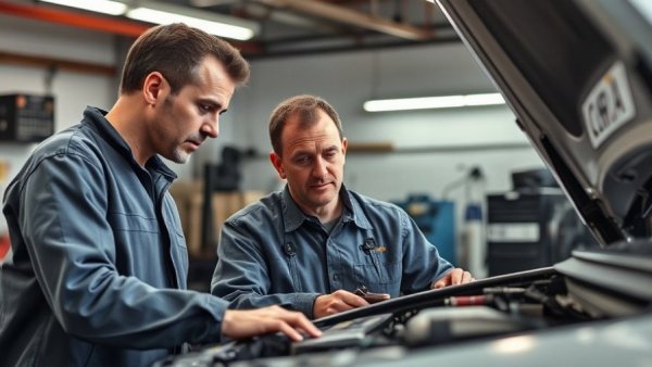 Mechanics working together for automotive repair certification.
