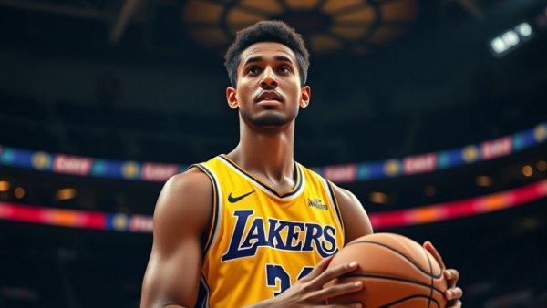 Austin Reaves focused on court in Lakers uniform, NBA playoffs.