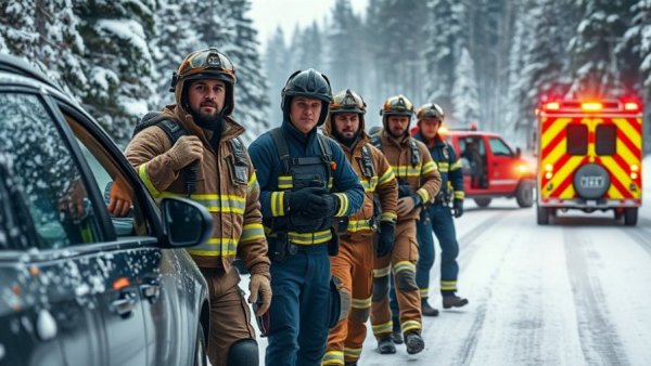 Emergency responders managing car accident on snowy road in forest.