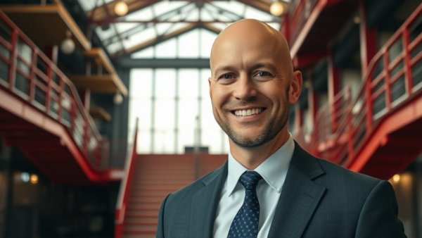 Confident man in formal attire indoors, AI in real estate theme.