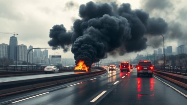 Local news coverage Detroit MI: fiery accident on highway with heavy smoke.