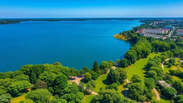 Aerial view of lakeside park scheduled for tree removals.