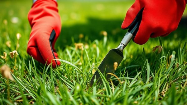 Hands pulling early spring weeds with a garden tool, vibrant scene.