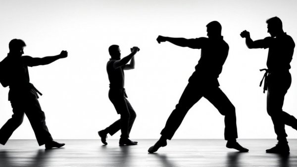 Dynamic silhouette of martial artists in motion, martial arts training focus