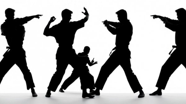 Karate practitioners in silhouette in Gurnee dojo setting.